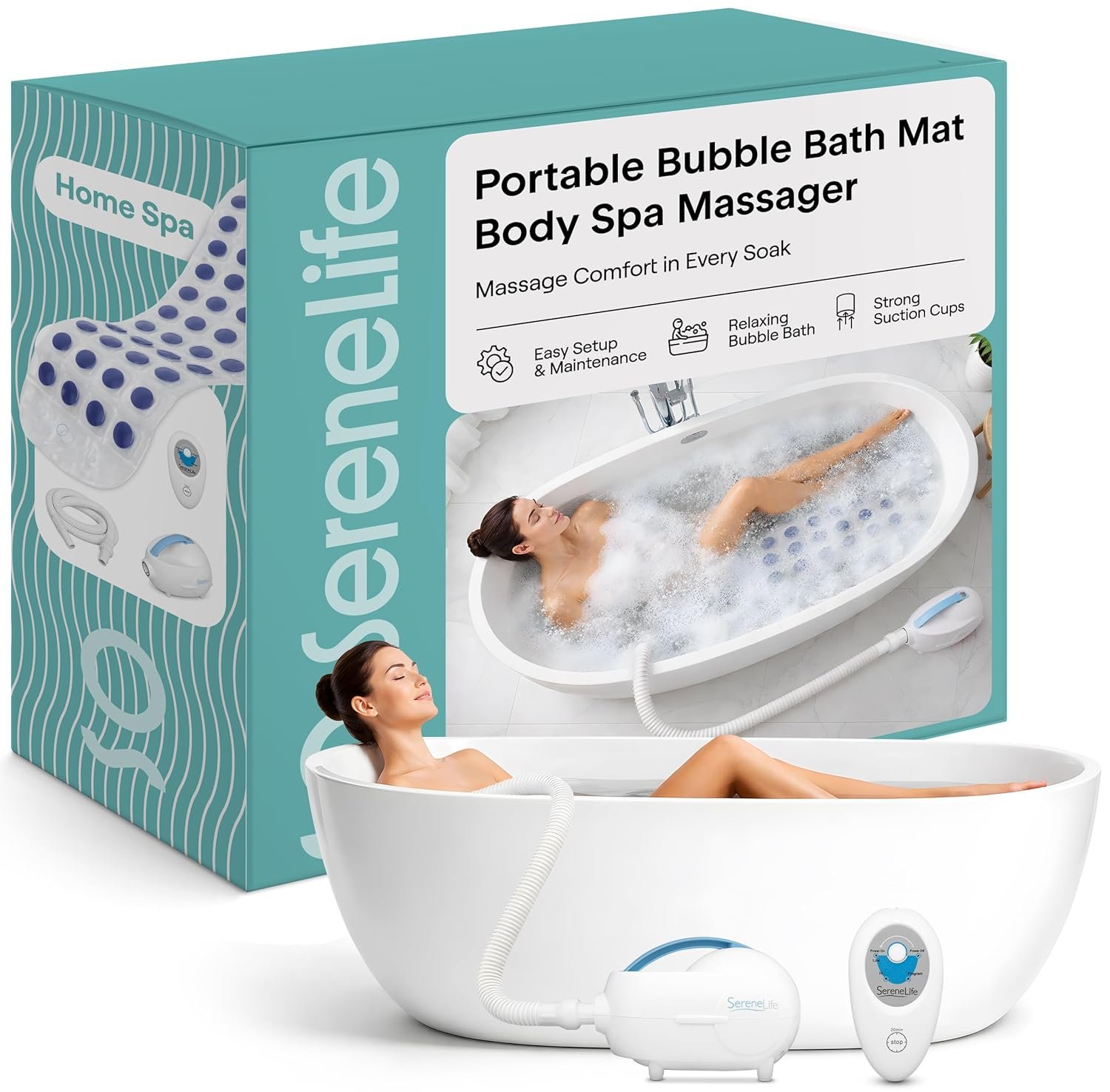 Portable Spa Bubble Bath Massager – Thermal Spa Waterproof Non-slip Mat with Suction Cup Bottom, Motorized Air Pump & Adjustable Bubble Settings – Remote Control Included – Serenelife PHSPAMT22