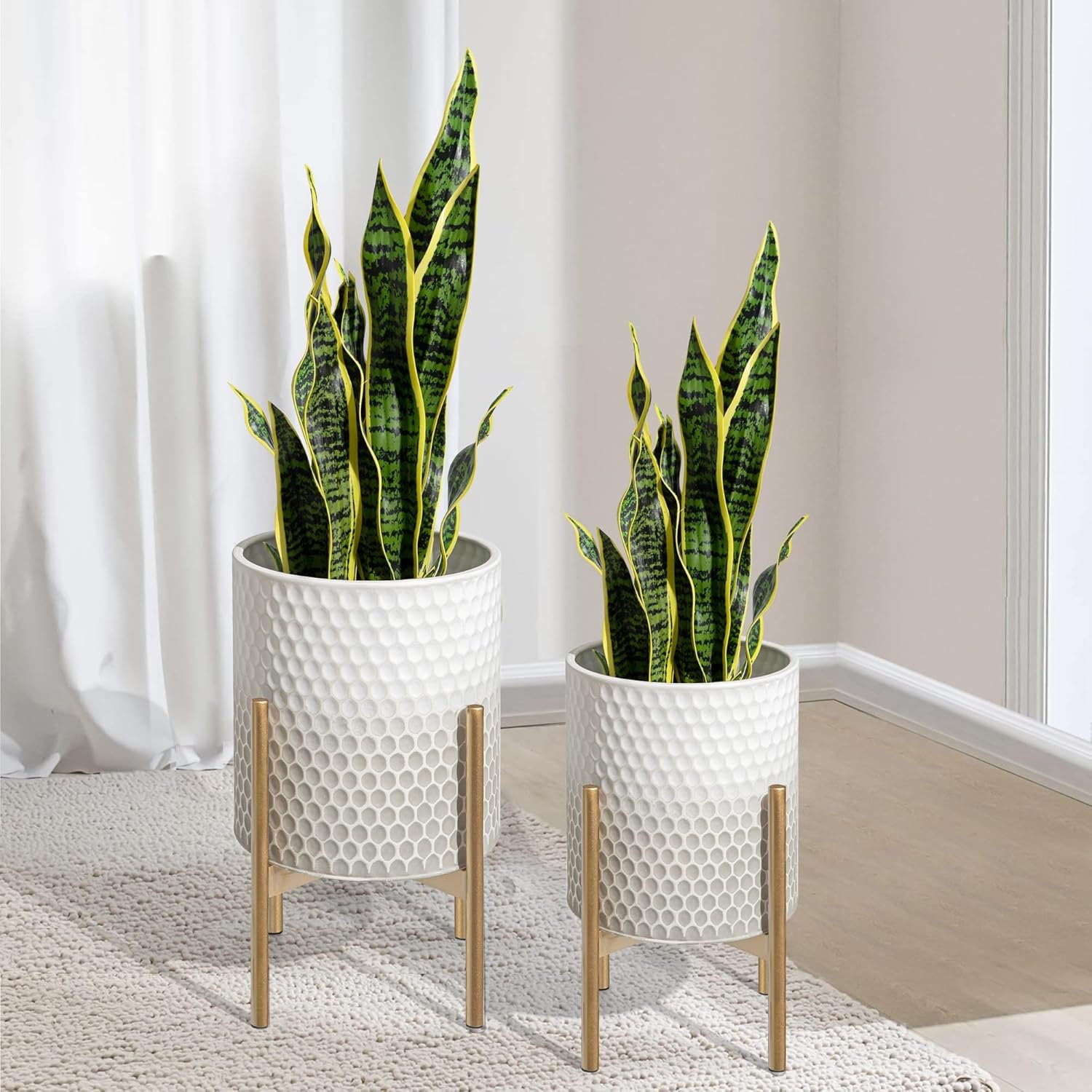 Oakrain Mid Century Planters for Indoor Plants, Set of 2, Modern Decorative Metal Planter Pots for Living Room, Office, Garden or Balcony, Gray and White Gradient Planter with Stand, 8″&10″
