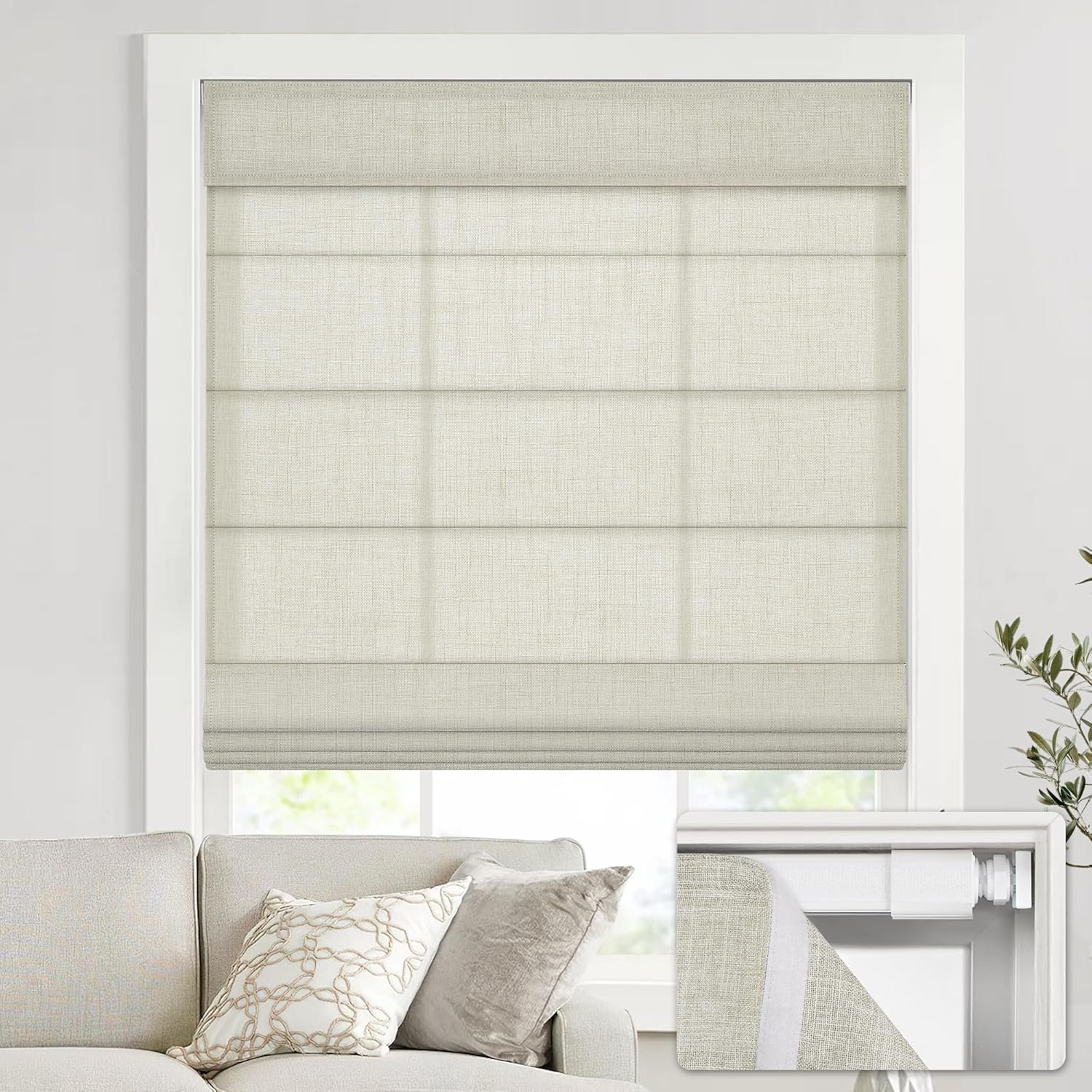 UNISHADES no Drill Cordless Roman Shades for Windows, 35″ W × 64″ H – Light Filtering – Linen – Beige