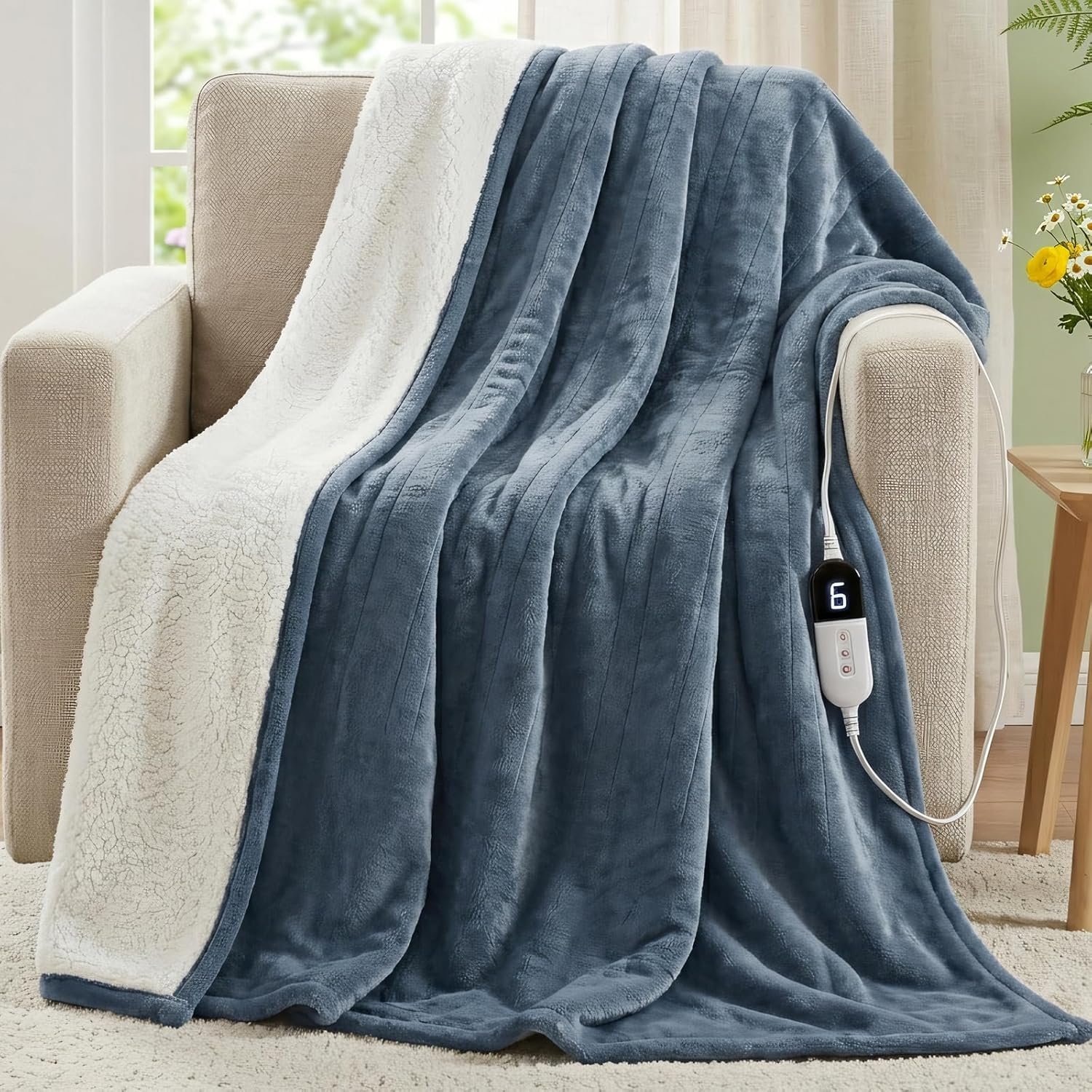 Degrees of Comfor Heated Throw Blanket – Soft Flannel Electric Throws with 6 Heat Settings and 4-Hour Auto Shut-Off – Warm Gifts for Grandma – Blue, 50×60” – ETL Certified