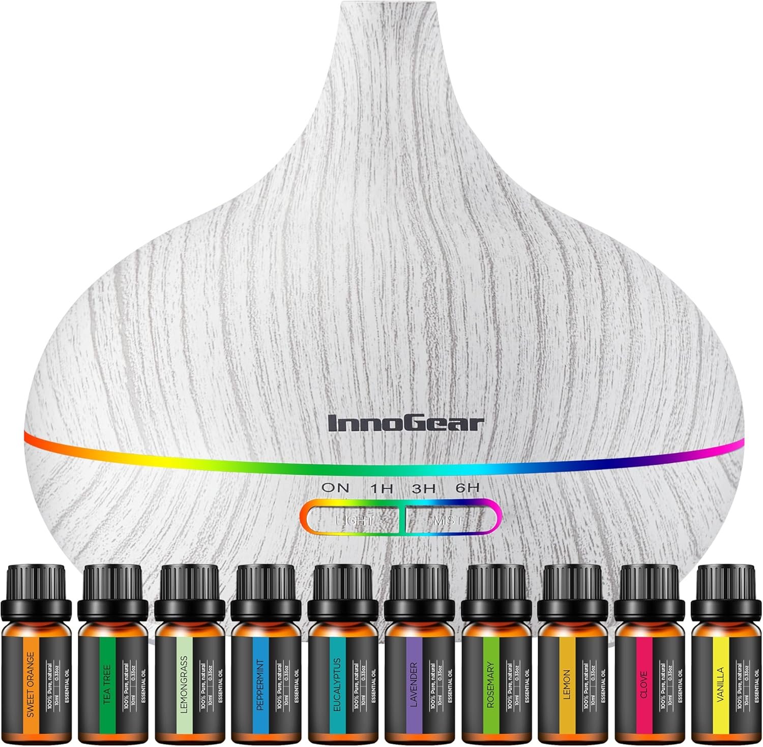 InnoGear Aromatherapy Diffuser & 10 Essential Oils Set, 400ml Diffuser Ultrasonic Diffuser Cool Mist Humidifier with 4 Timers 7 Colors Light Waterless Auto Off for Mother’s Gift, White Grey