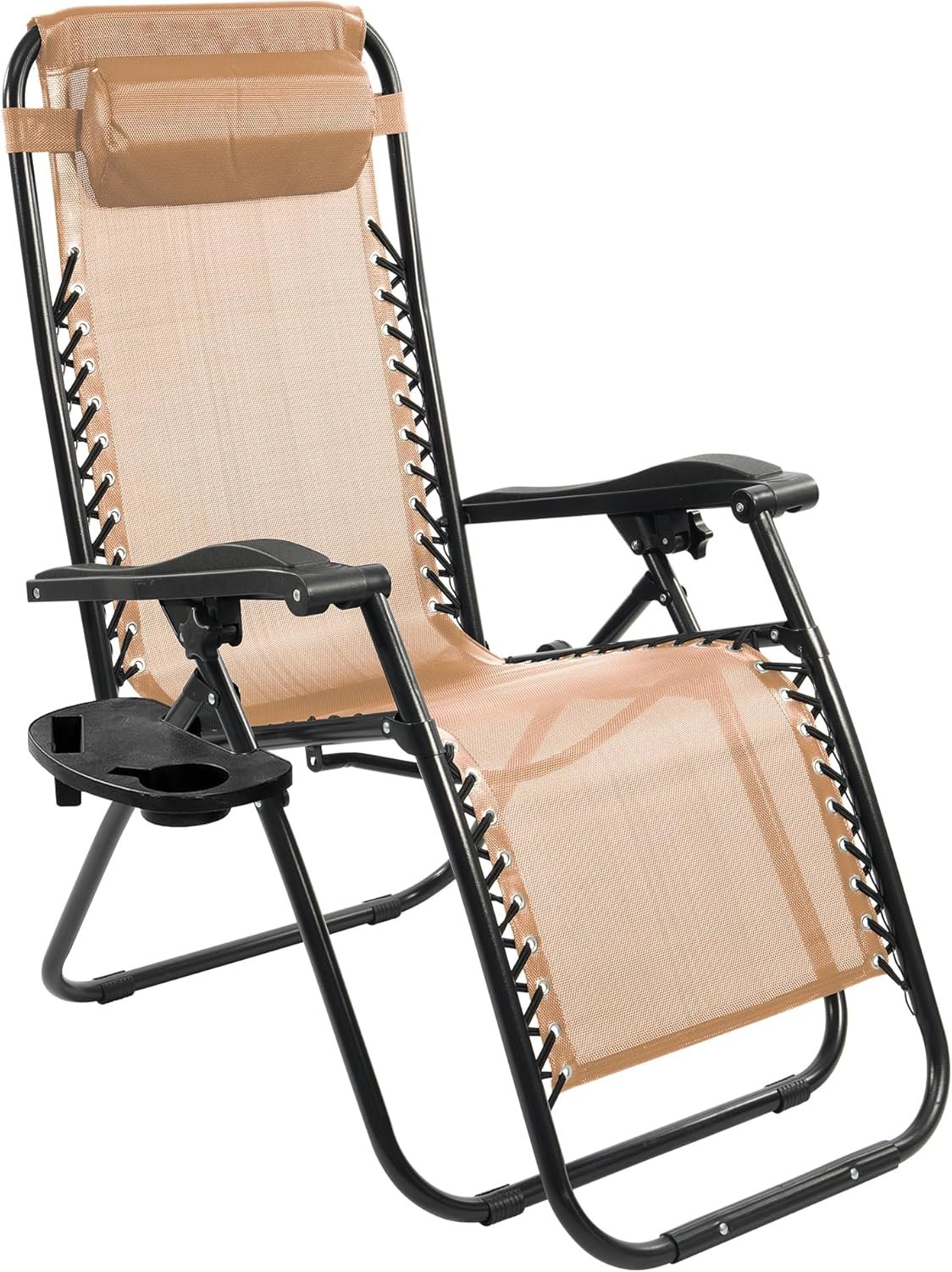 Elevon Zero Gravity Chair with Cup Holder & Removable Pillow, Adjustable Reclining Outdoor Patio Folding Chairs for Adults Portable Lounge Chair Furniture for Poolside, Lawn, Beach, Camping, Beige