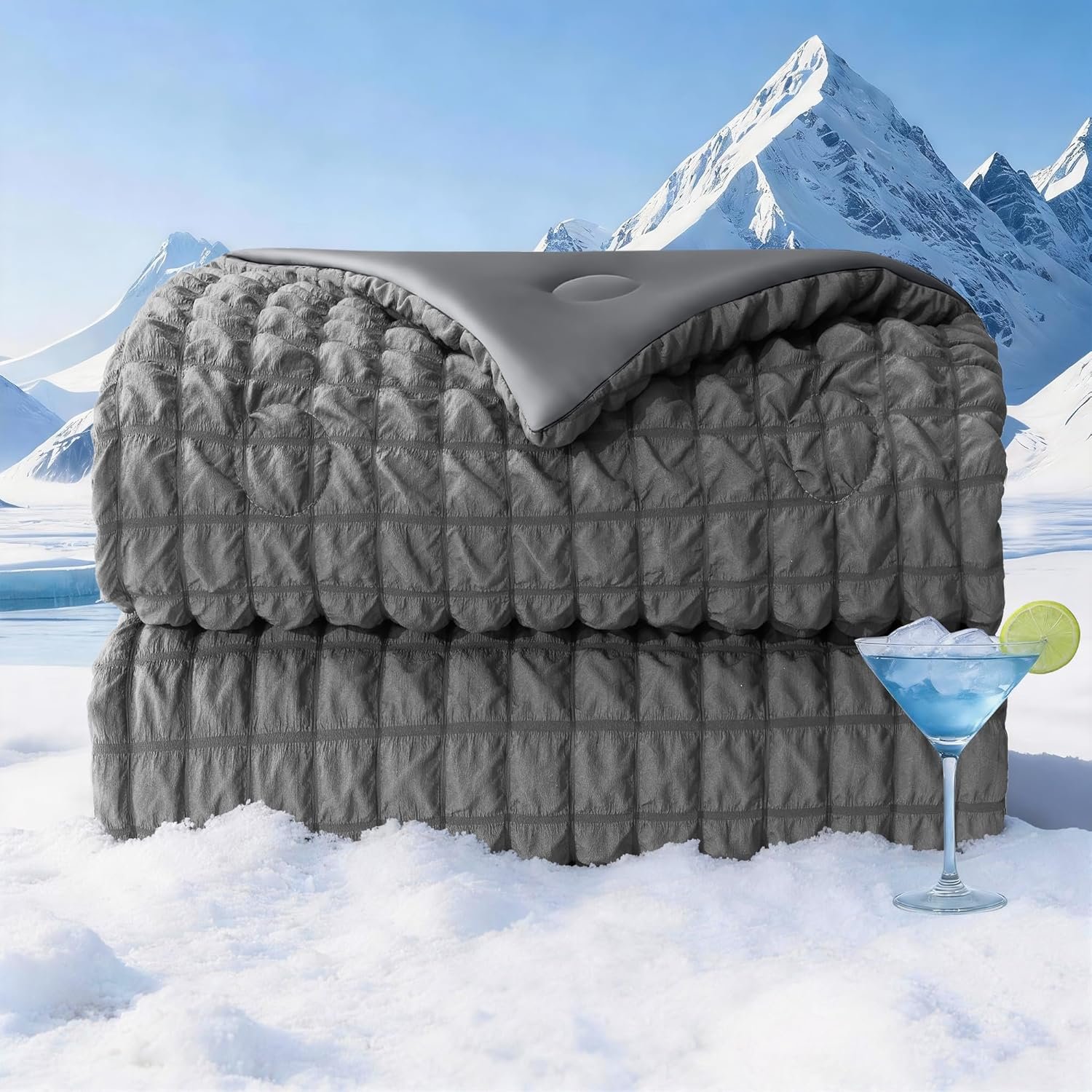 Seersucker Cooling Comforter Queen Size, Q-Max 0.45 Reversible Cooling Blanket for Hot Sleepers, Breathable Lightweight Silk Smooth Summer Bedding, Quilted Ice Blanket, Dark Gray