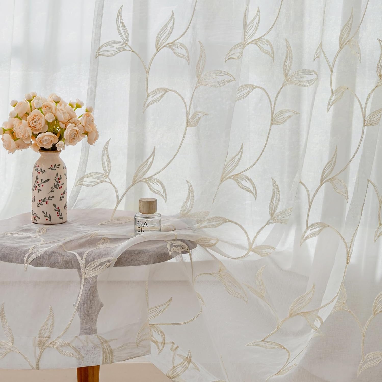 VISIONTEX Sheer Curtains 84 Inches Long 2 Panels Set Cream Beige Embroidered Floral Leaf Pattern Rod Pocket Semi Sheer Voile Window Curtains/Drapes for Bedroom Living Room 54 x 84 Inches