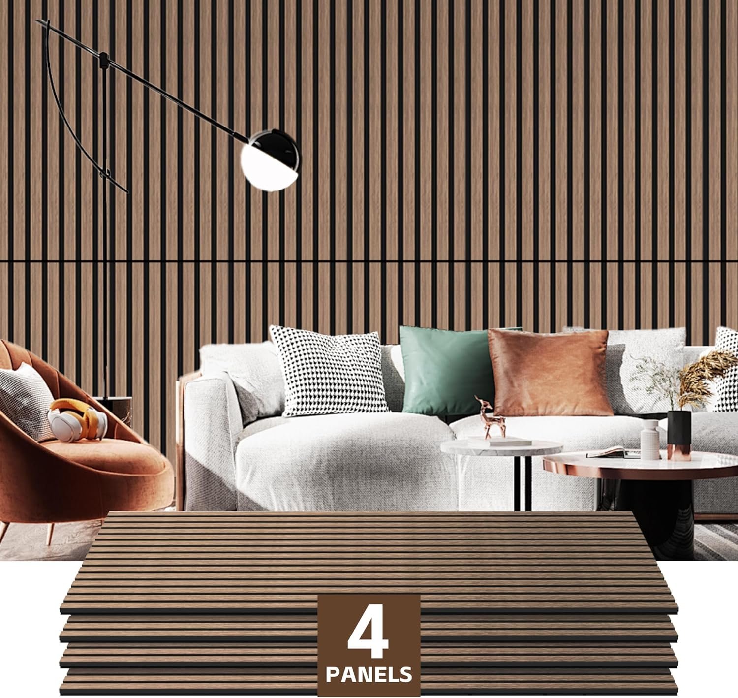 RITOLLO 4 Pack Wood Panels for Wall, 47.2″×23.6″×0.7″ Wood Slat Acoustic Panels for Wall, Soundproof Panels, 3D Fluted Panels for Interior Wall Decor (Natural Walnut)