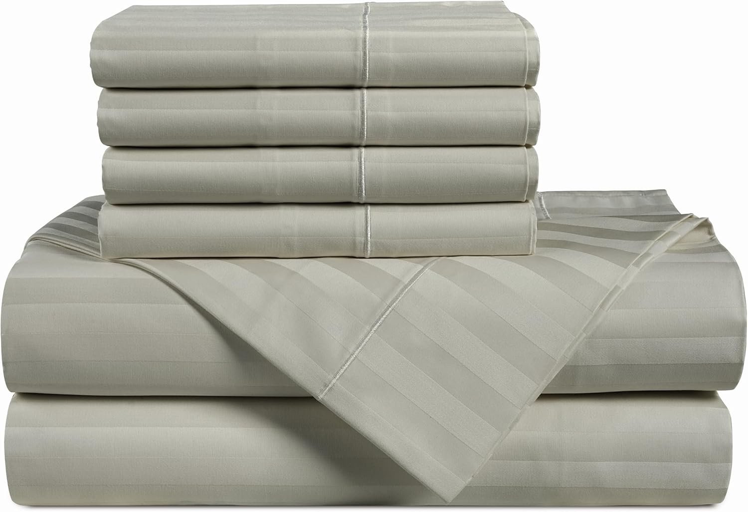 Casa Platino 100% Egyptian Cotton Sheets King Size Set – 6 Pieces – Damask Stripe- Ultra Smooth Sateen Weave Bed Sheets Set with 15″ Deep Pockets – Silver