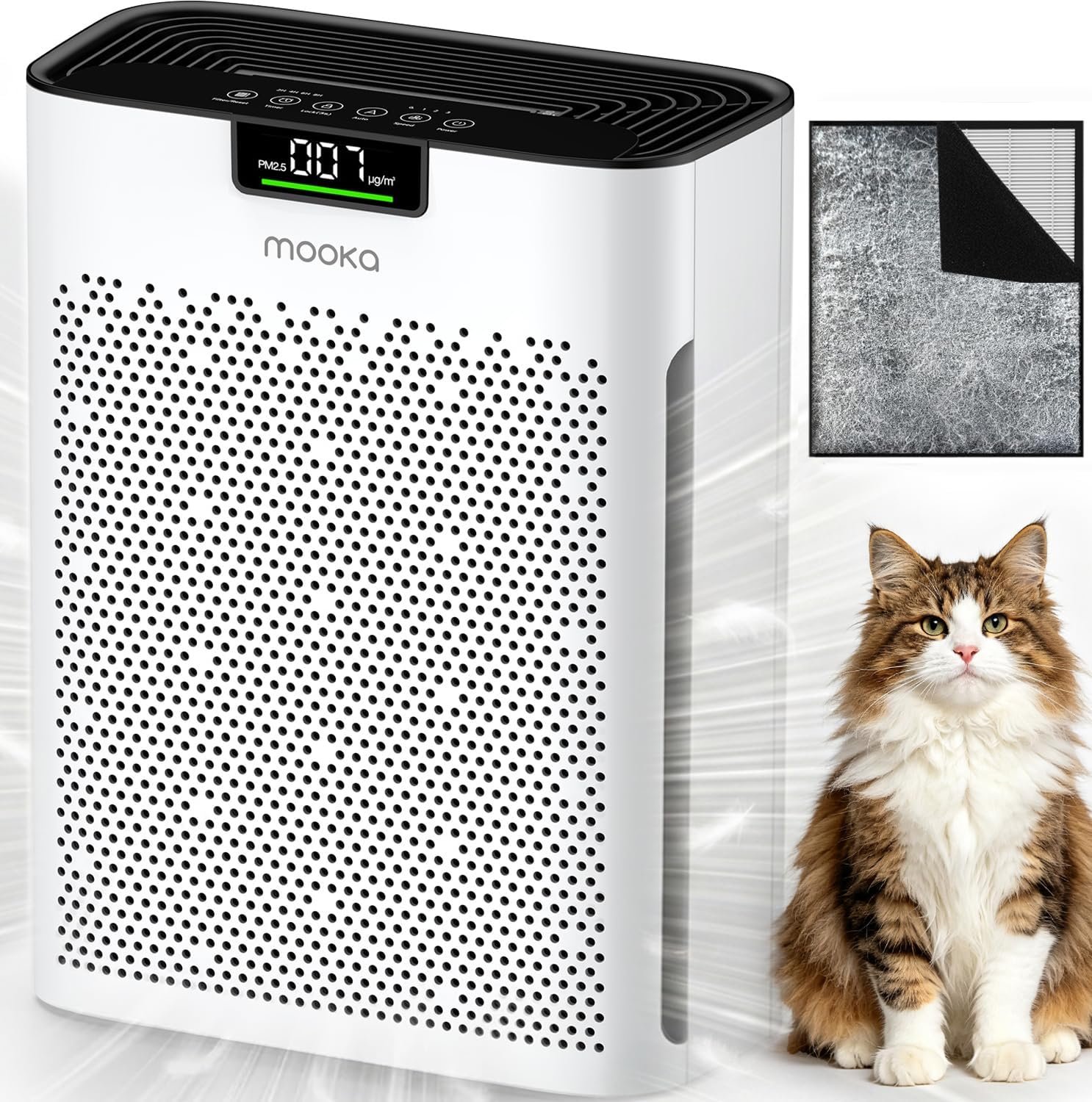 Air Purifier for Home Bedroom Large Room 2200 Ft², MOOKA H13 HEPA Air Cleaner with Washable Pre-filter, Air Quality Monitor, Air Purifiers for Pets Hair Smoke Dust Pollen, Auto Mode, KJ190 White