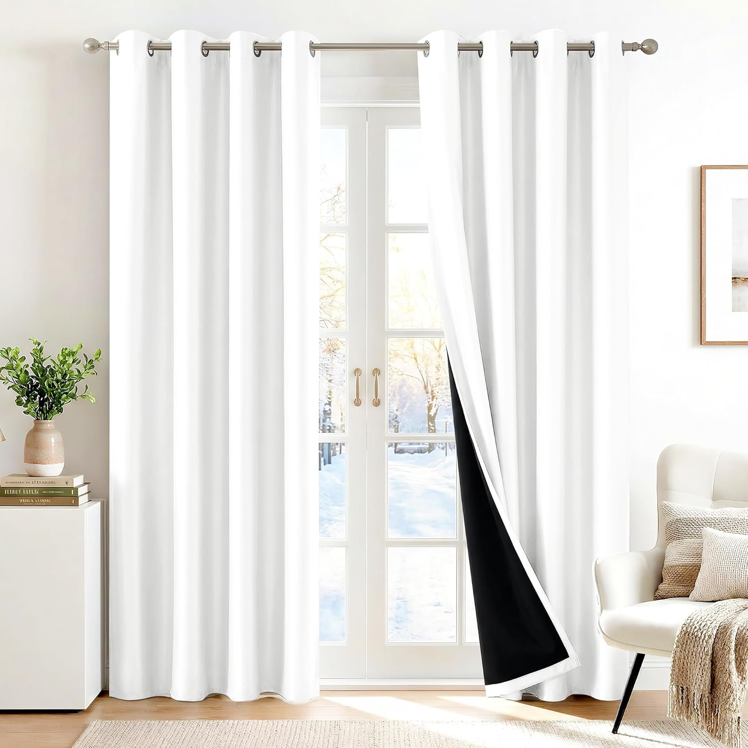 Deconovo 100% Blackout Curtains with Black Liner, Thermal Insulated Noise‑Reducing Grommet Drapes, Double‑Layer Room Darkening for Bedroom, Nursery, Home Office, 2 Panels, Pure White, 52W x 63L