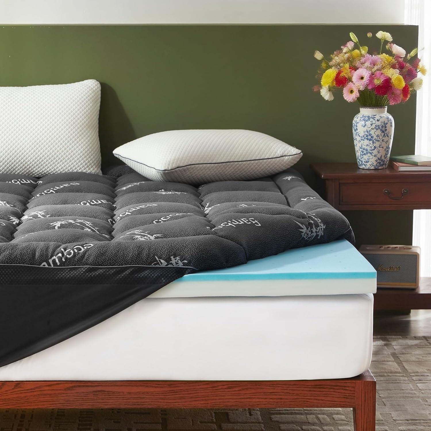BEDLORE 4 Inch Memory Foam Mattress Topper King,2-in-1 Dual Layer Design (2″ Gel Memory Foam + 2″ Plush Pillow Top Cover) Mattress Topper Medium-Firm,Pressure Relief & Back Pain Support(Dark Gray)