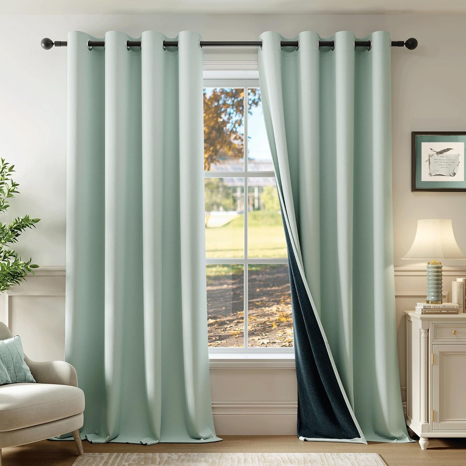 Beauoop 100% Blackout Curtains 84 Inch Long 2 Panels for Bedroom Living Room Seafoam Green Solid Room Darkening Thermal Insulated Soundproof Energy Saving Grommet Top Window Treatment Drapes,52×84