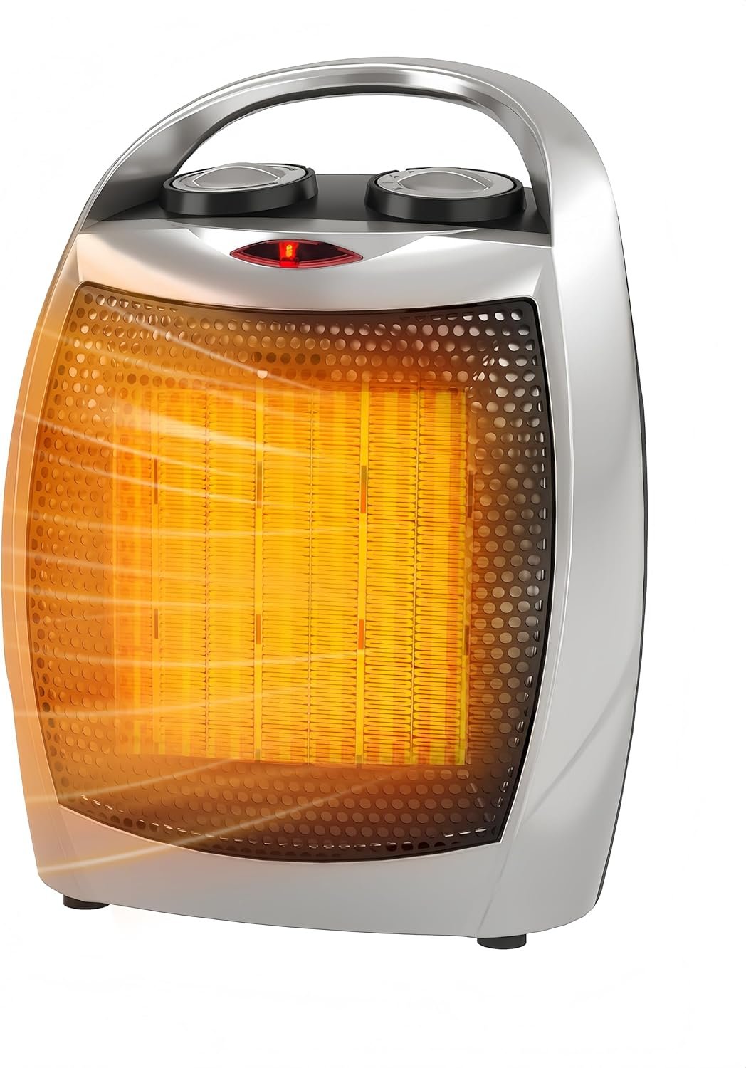 Space Heater – Greenhouse Heater, Heater with Fan, 1500W & 750W, Fast Heating, Safe Quiet with Tip-Over & Overheat Protection for Office Desk & Pets (Silver)