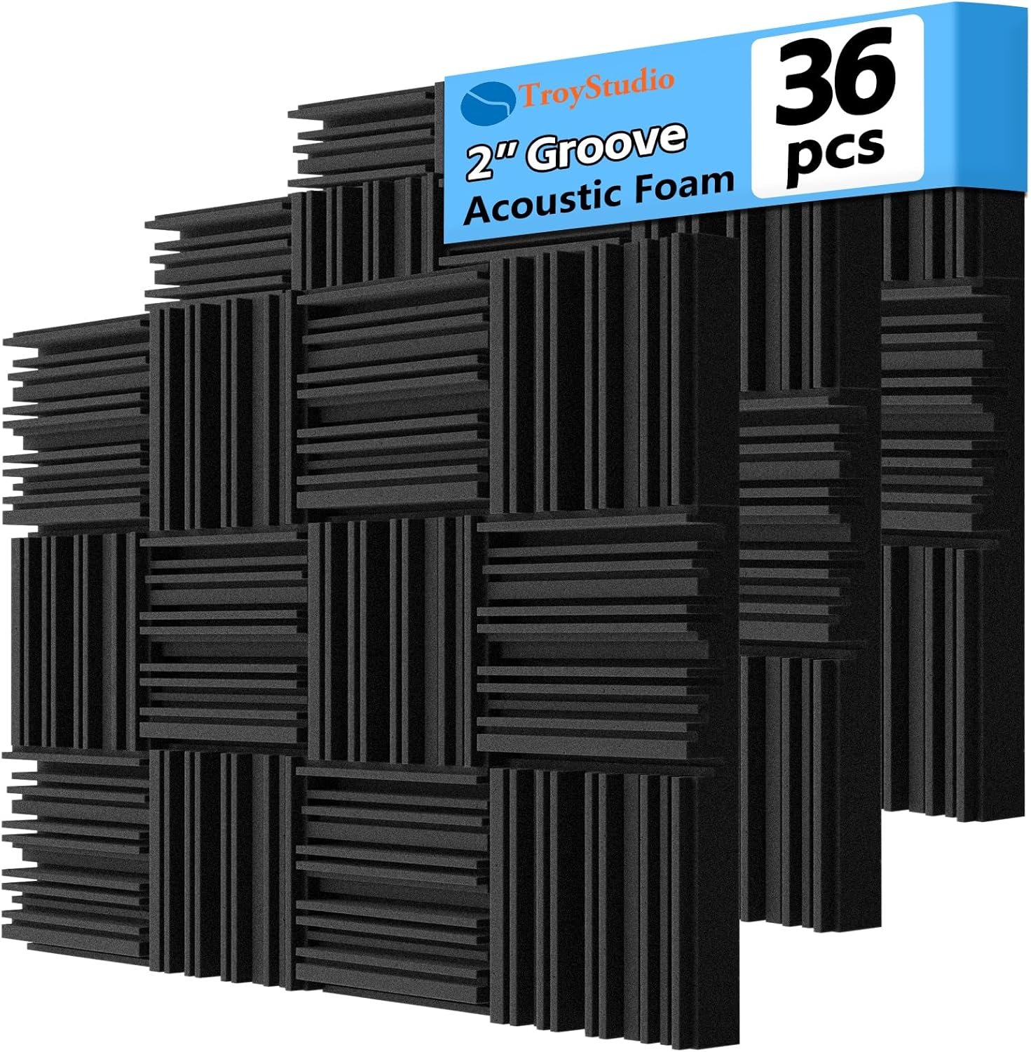 TroyStudio Thick Acoustic Foam Panels, 12 X 12 X 2 Inch 36 Pcs Broadband Sound Absorbing Foam, Dense Soundproof Padding Tile, Recording Studio Foam Absorber, Groove Decorative 3D Wall Ceiling Panel