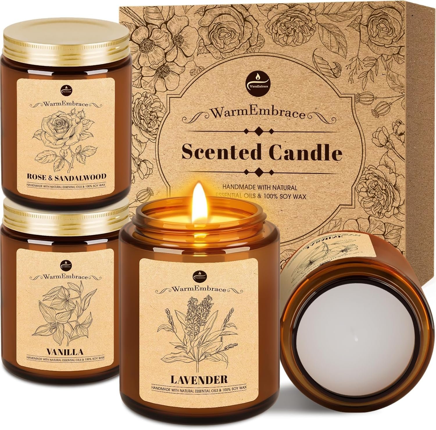 WarmEmbrace Lavender Candles, 4-Pack Scented Candle Set for Women, 7.6 oz Natural Organic Soy Wax in Glass Jar, 160 Hours Long-Lasting Burn, Perfect for Mother’s Day, Birthday Gifting (4 Fragrance)