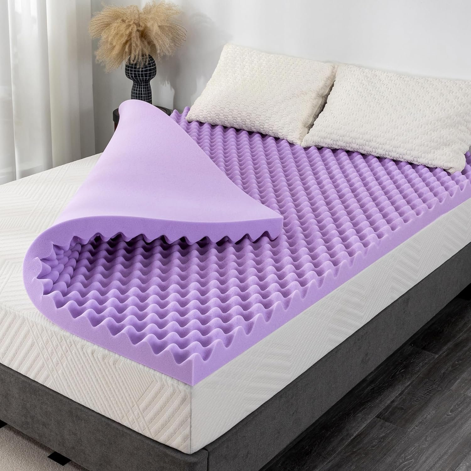 3 Inch Egg Crate Queen Memory Foam Mattress Topper, Lavender Scent Gel Infused Foam Mattress Topper for Pressure Relief, CertiPUR-US Certified Queen Bed Topper, Purple, 60″×80″
