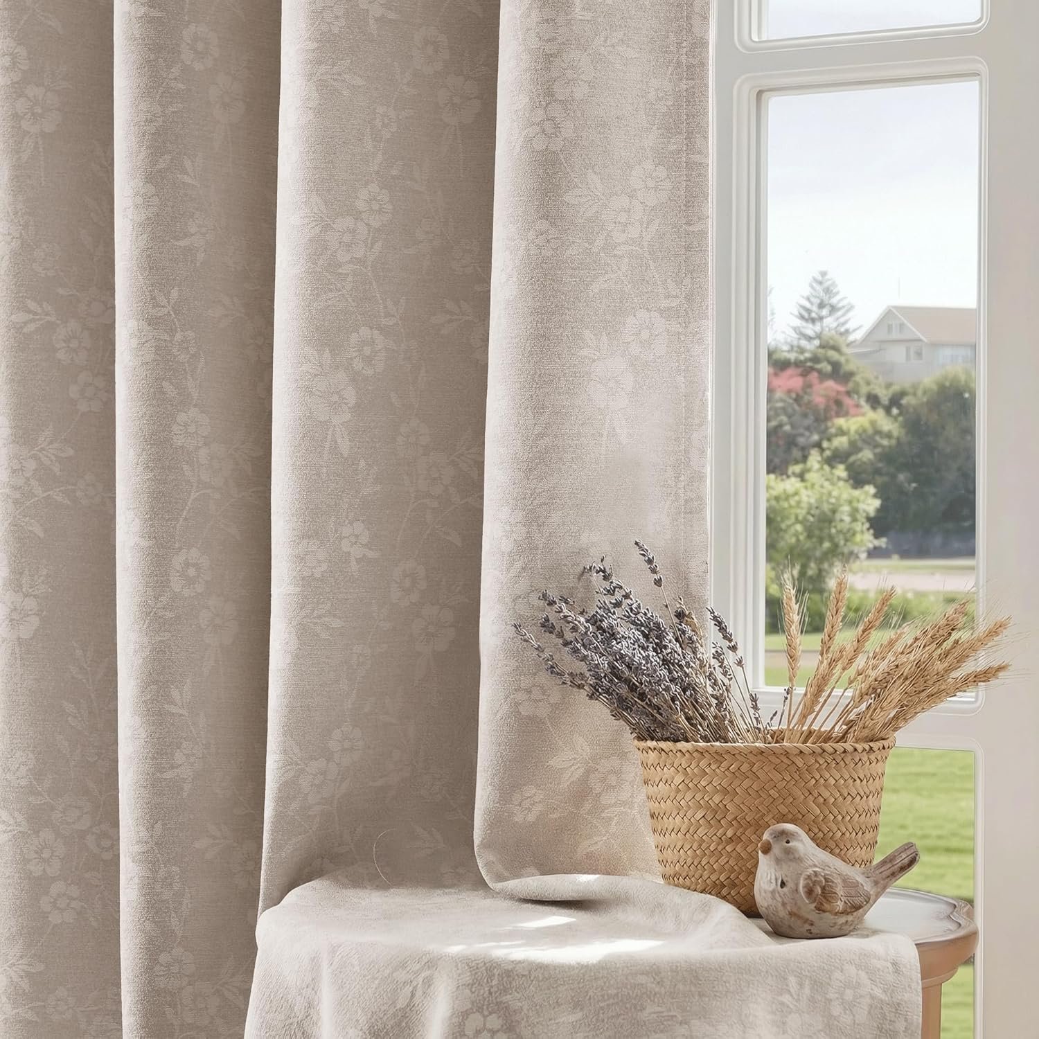 Beauoop Beige Floral Jacquard Blackout Curtains 84 Inches Long 2 Panels for Living Room Bedroom Chenille Flower Room Darkening Thermal Insulated Soundproof Grommet Window Drapes, 52×84 Set of 2