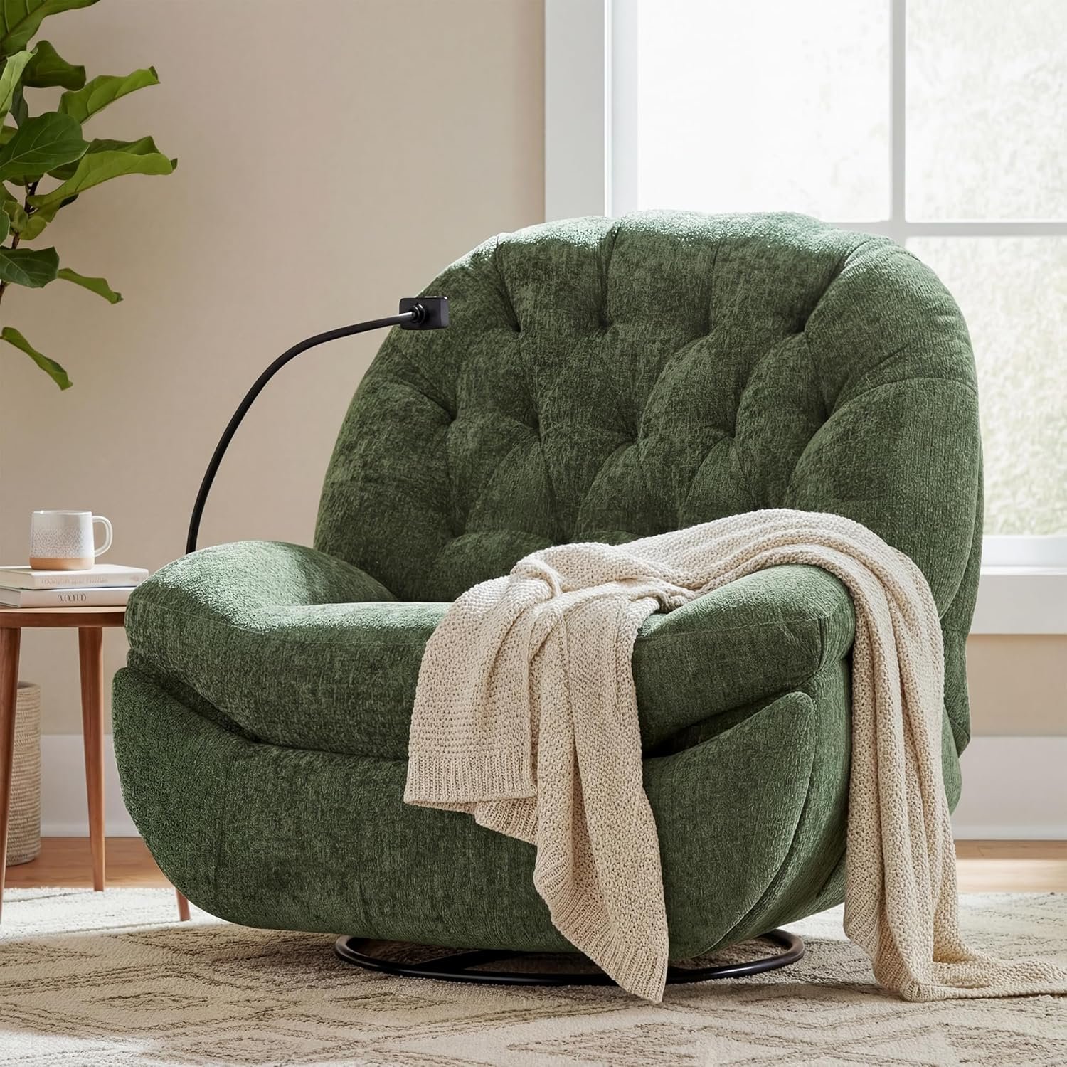 Swivel Rocker Recliner Chair, Oversized Swivel Rocking Sofa, Large Glider Recliner with Phone Holder, Chenille Fabric (Green)