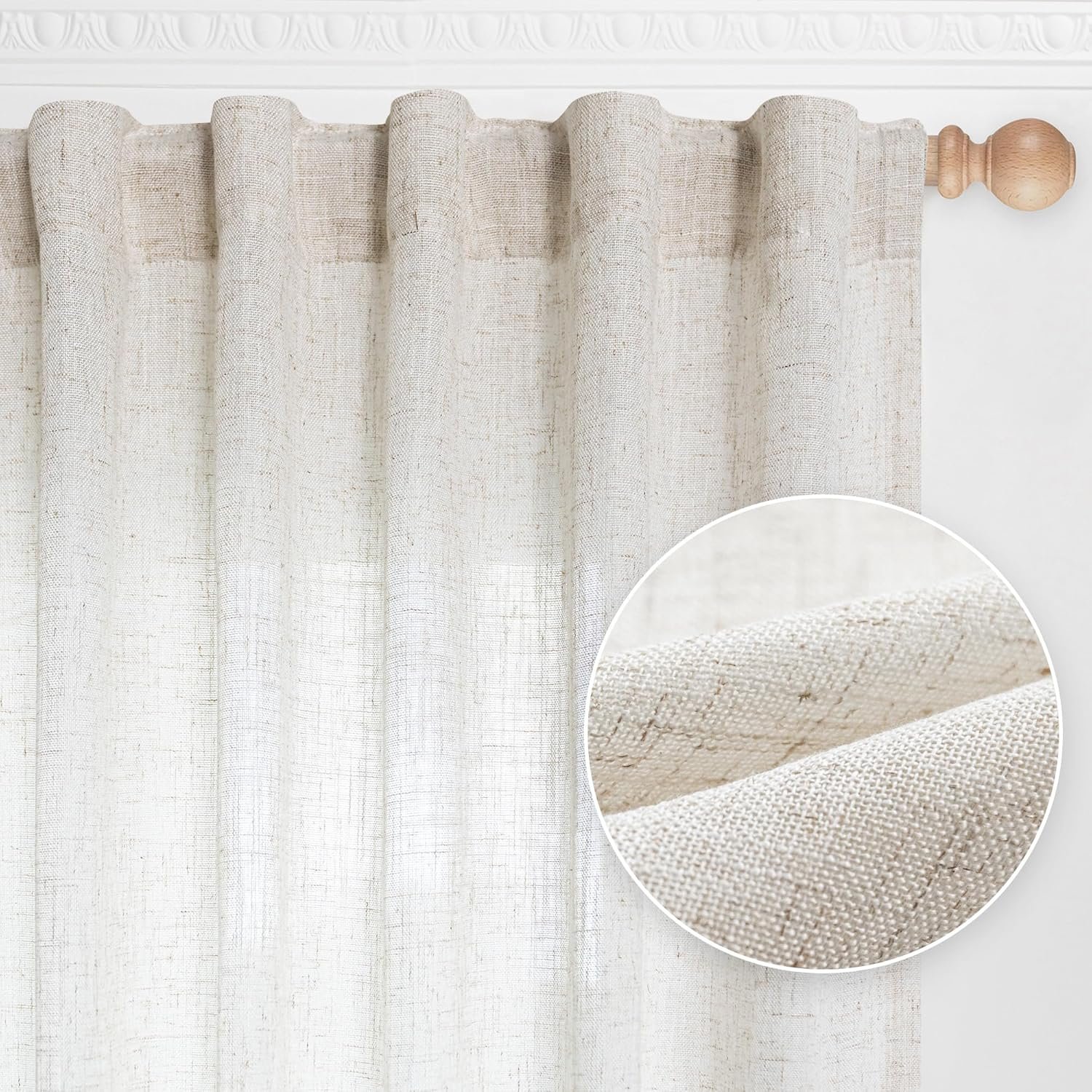 MYSKY HOME Linen Curtains for Living Room, Natural Semi Sheer Curtains & Drapes 84 inches Length 2 Panels Set Farmhouse Country Boho Style Back Tab Draperies for Sliding Glass Door, 50″ Wide, Linen