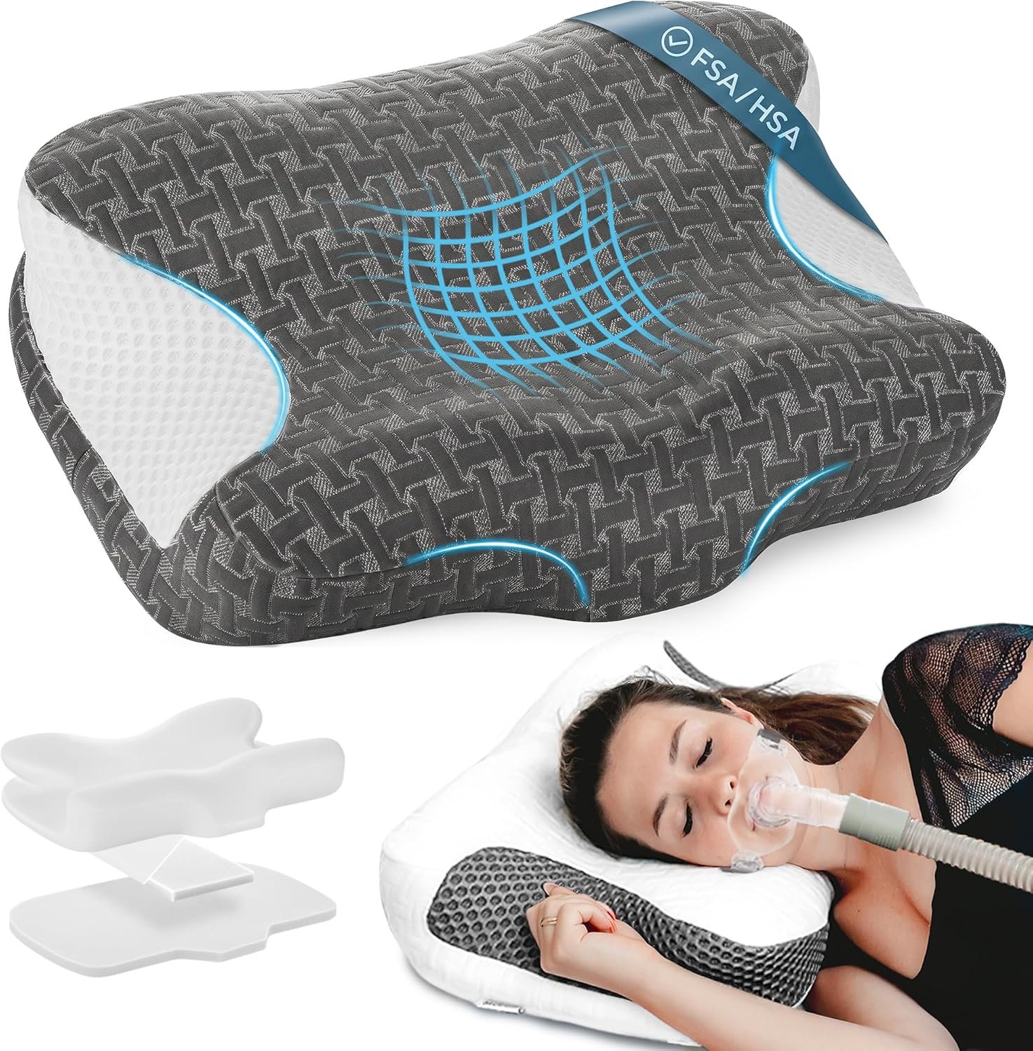 Elviros CPAP Pillow for Sleeping, HSA/FSA Ergonomic Adjustable Height Neck Support Memory Foam Bed Pillow for CPAP Users with Sleep Apnea, Suitable for Side and Back Sleepers