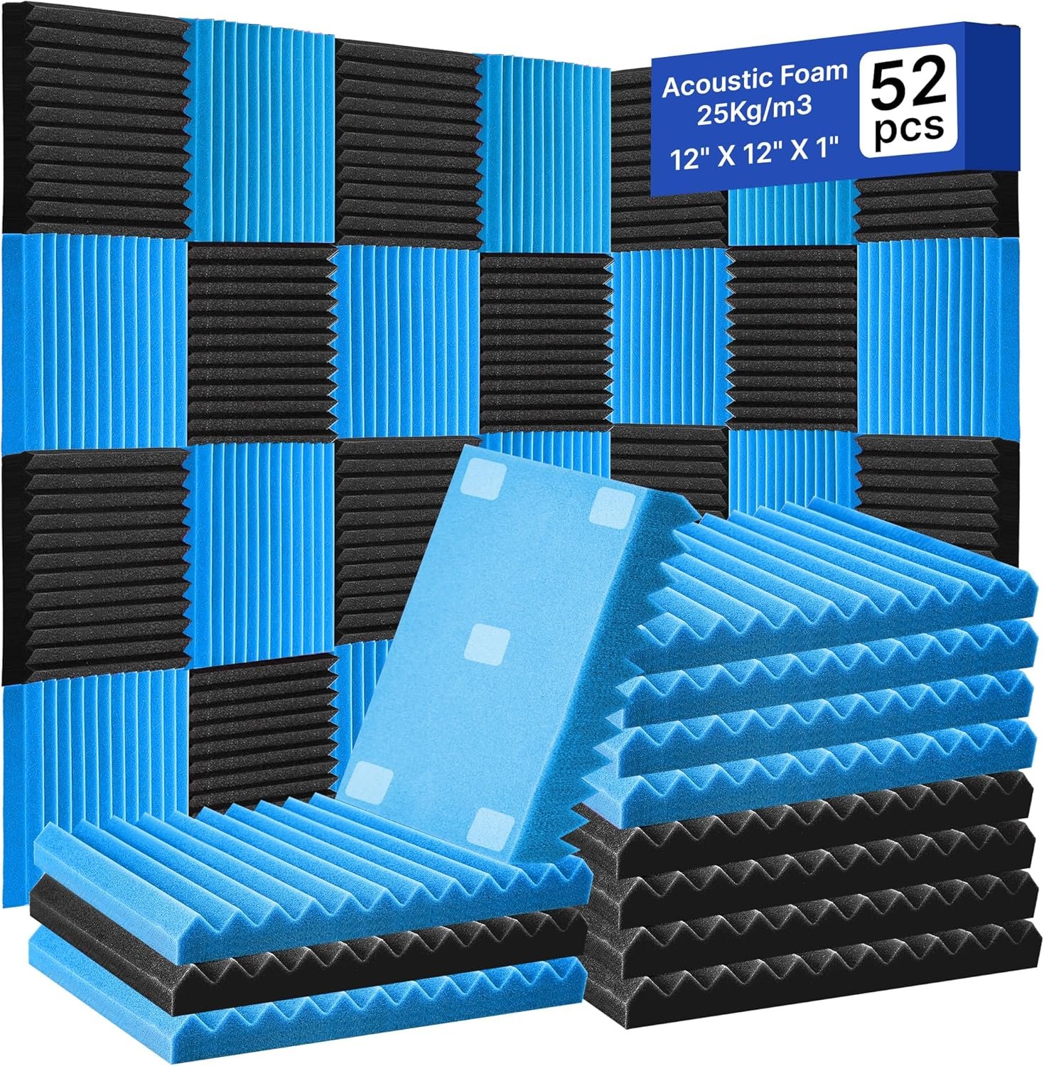 52 Pack Acoustic Foam Panels 1″ x 12″ x 12″Acoustic Wedge Studio Foam Sound Absorption Wall Panels (Black/Blue)