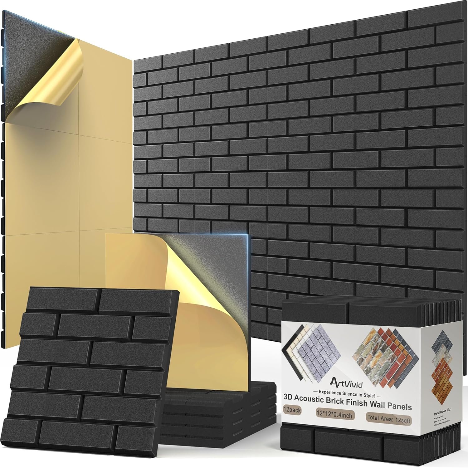 12Pack Acoustic Panels, Self-Adhesive 3D Brick Pattern Sound Proof Panels for Walls, Decorative Sound Dampening Wall Panels for Recording Studios, Offices, Home, 12″×12″×0.4″, Black