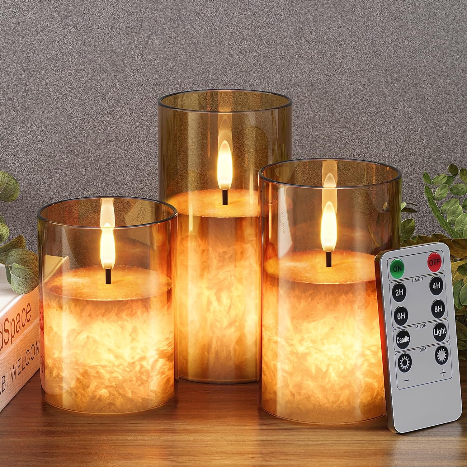 VIODAIM Ice Crystal Real Wax Glass Flameless Candles with Remote & Timer, Battery Operated Candles with Warm Flickering Flame, Realistic LED Candle for Wedding Home Decor [D3×H4/5″/6″] Gold, 3Pack