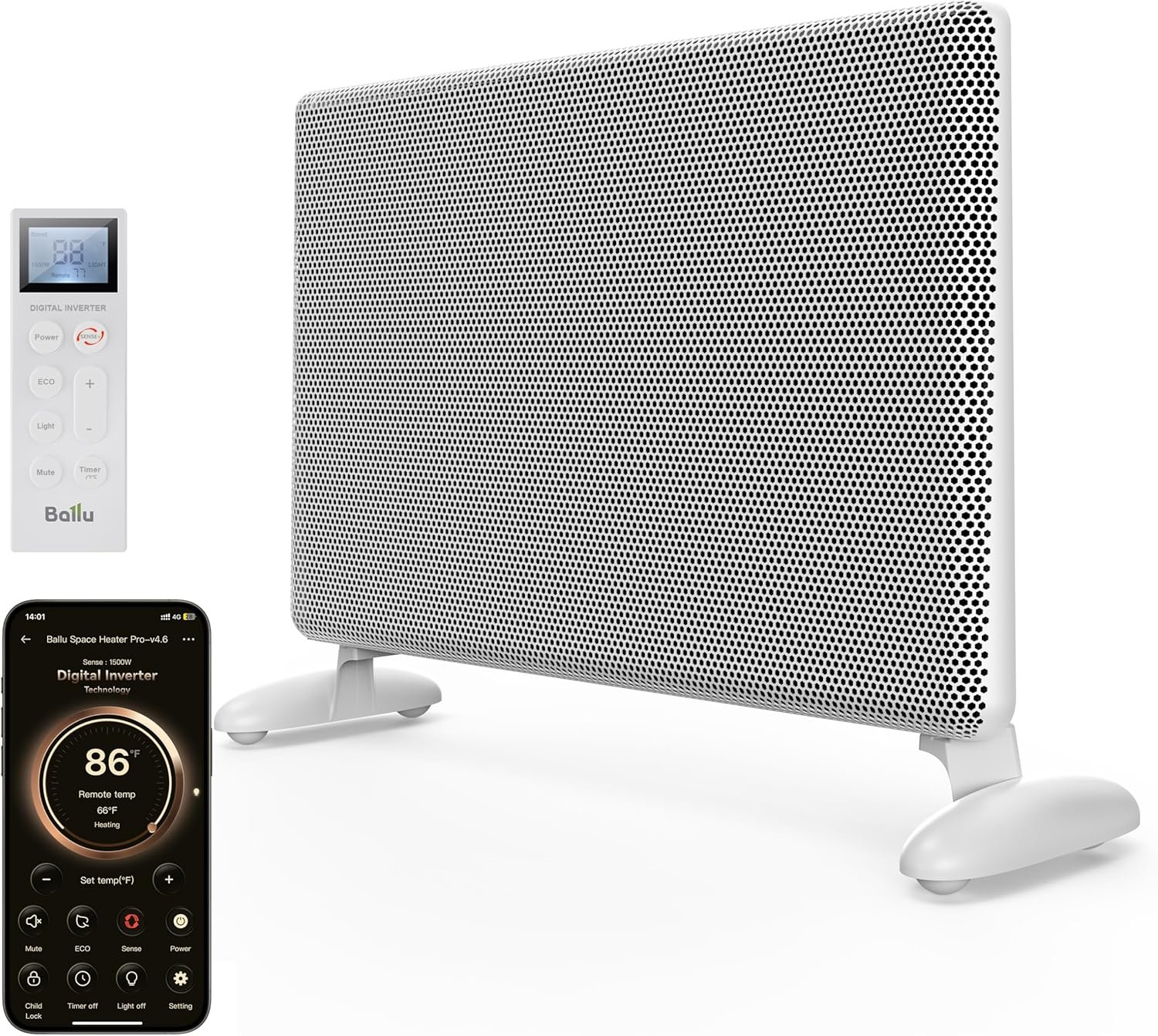Ballu Mica Infrared Panel Space Heater for Large Room,Smart Quiet Heater with Programmable Thermostat,WiFi App Control,Inverter Energy Efficient for Indoor Use,Compatible with Alexa,White