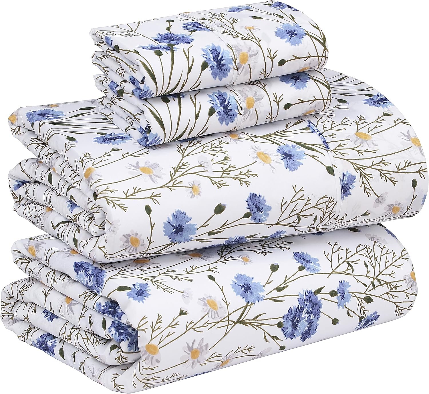 RUVANTI 100% Cotton Sheets – Queen Size Percale Bedding, Cooling & Breathable Floral Design, Durable with a Crisp, Soft & Comfortable Feel, 16″ Deep Pocket, 4-Piece Set, Sweet Pea