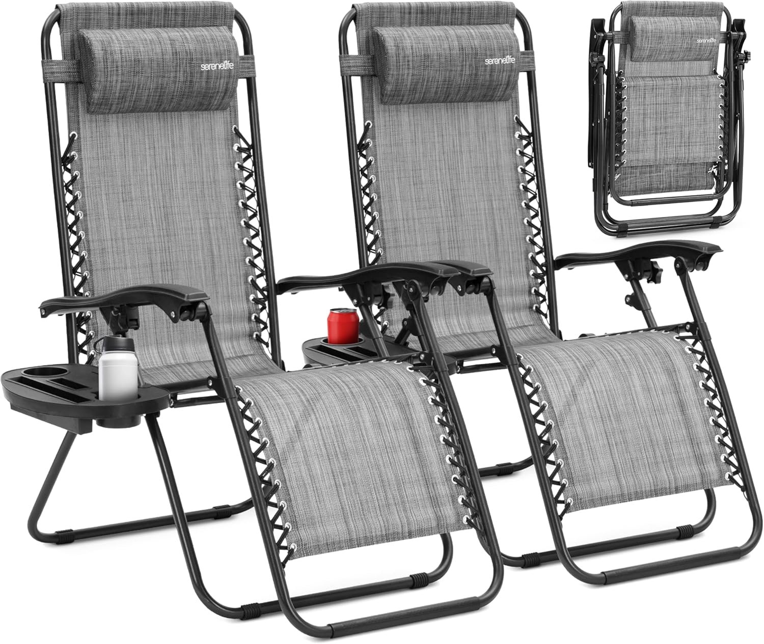 SereneLife Zero Gravity Chairs Set of 2 – Adjustable Steel Mesh Lawn Chairs – Outdoor Lounge Chairs with Detachable Cup Holder Tray – Foldable Outdoor Chair with Removable Pillows – Grey