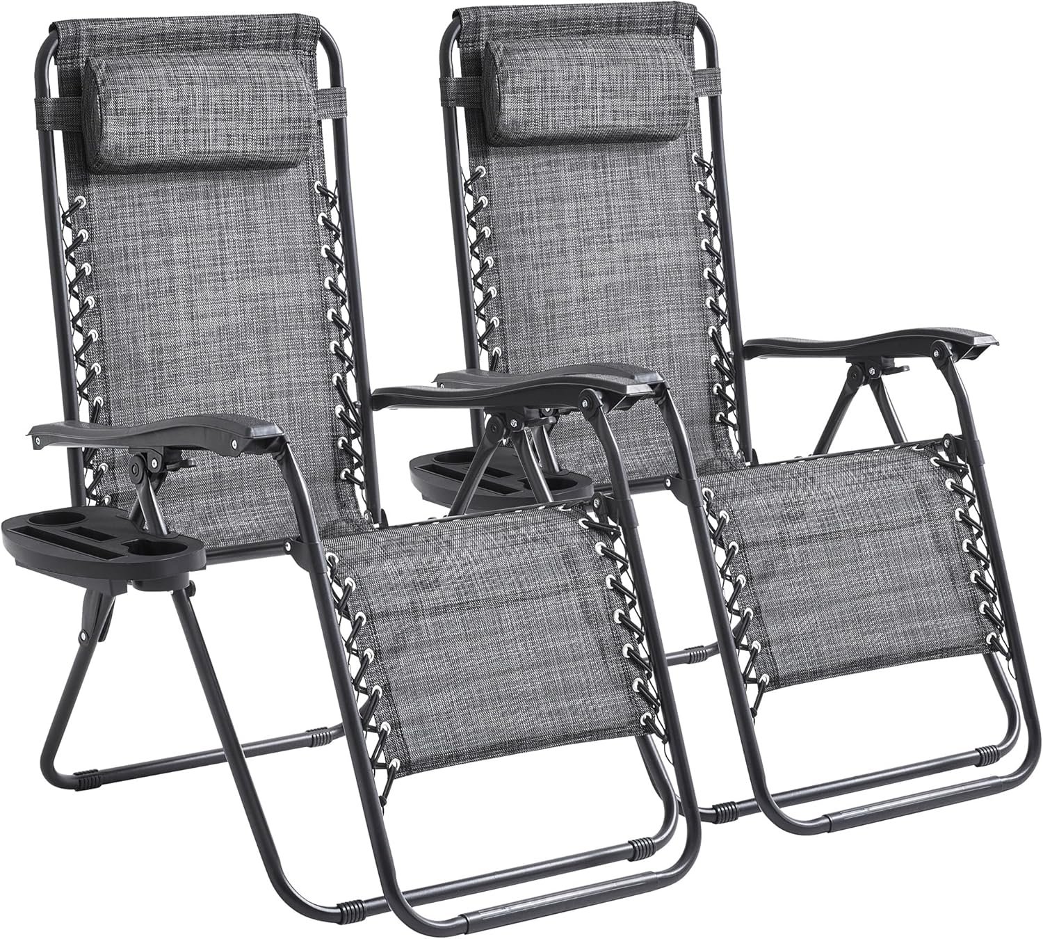 2-Pack Zero Gravity Lounge Chair Recliners – Adjustable Steel Frame with Removable Headrests & Cup/Phone/Tablet Trays – 330LBS Capacity – Light Gray