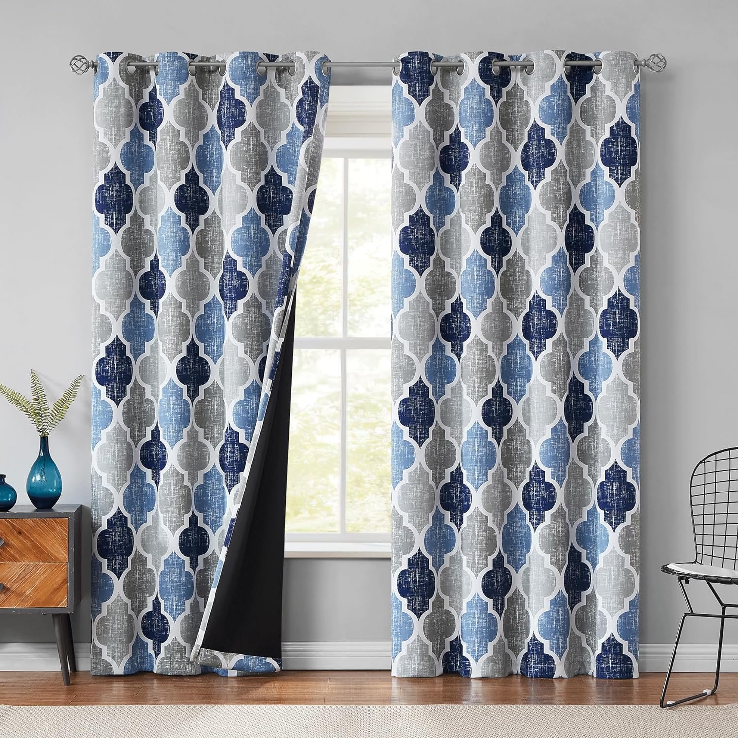 Beauoop 100% Blackout Curtains 84 Inches Long 2 Panels for Bedroom Living Room Blue Grey Moroccan Geo Room Darkening Thermal Insulated Soundproof Grommet Top Window Treatments Drapes, 50×84 Set of 2