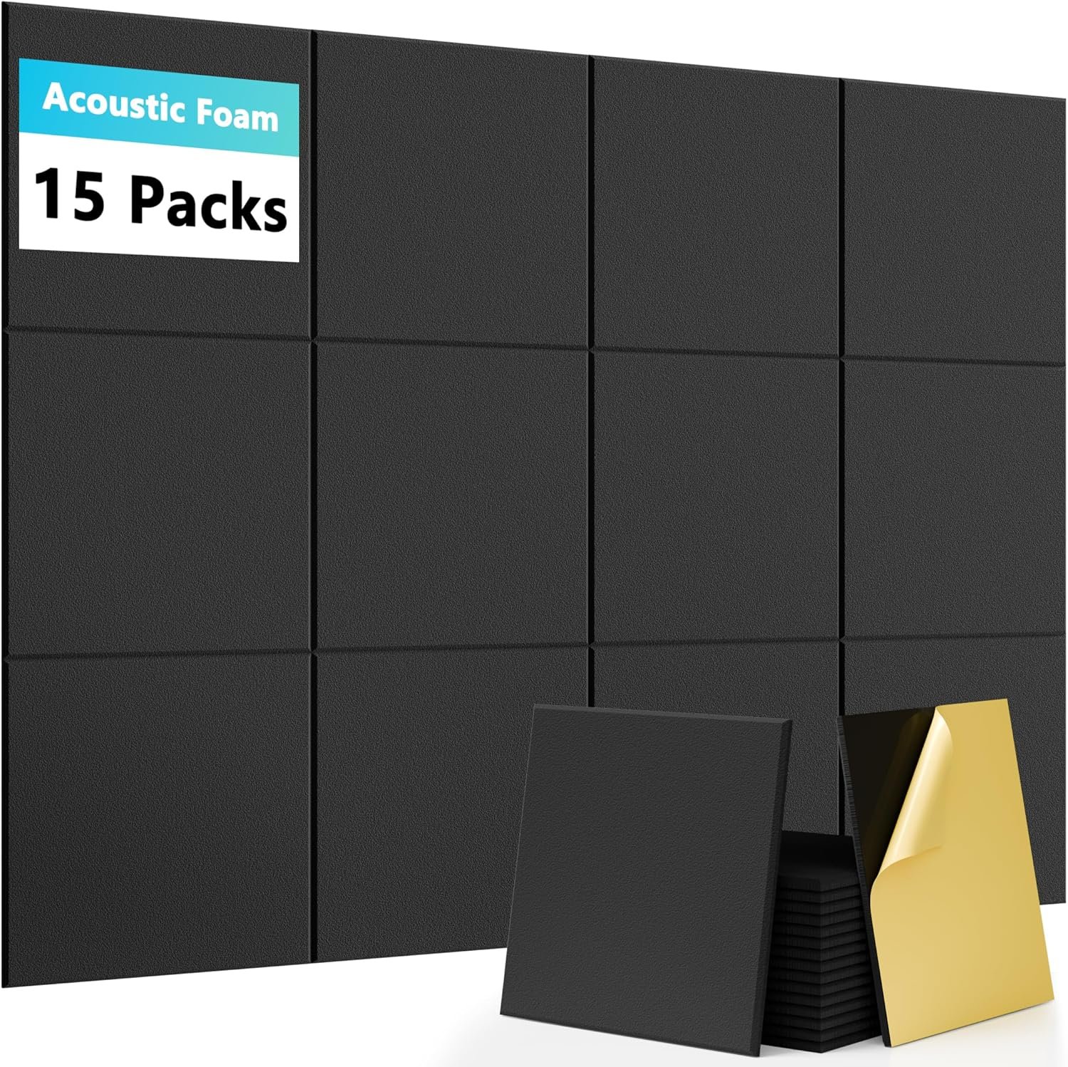 15 Pack Self-Adhesive Sound Proof Foam Panels for Walls, Acoustic Panels 12″ x 12″ x 0.35″ High Density Sound Absorbing Tiles for Home Studio, Office, Gaming Room & Theater