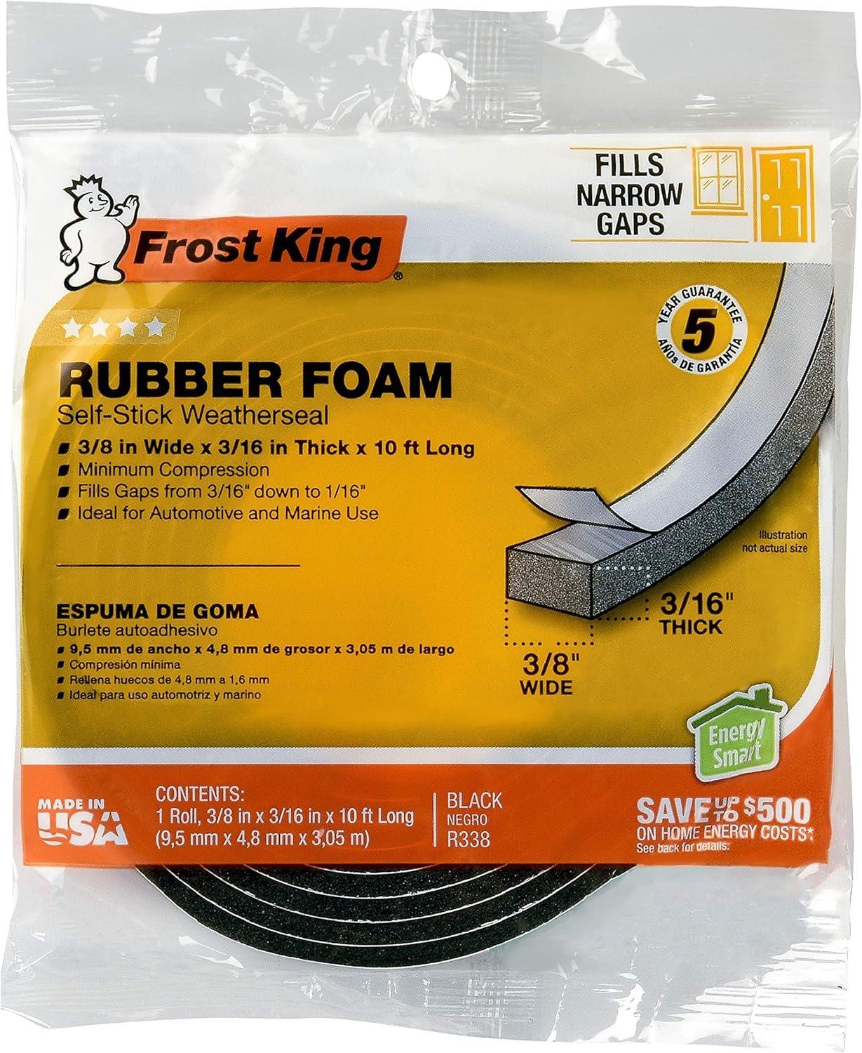 Frost King R338H Self-Stick Rubber Foam Weatherseal, 3/8″W, 3/16″T, Black|Blacks