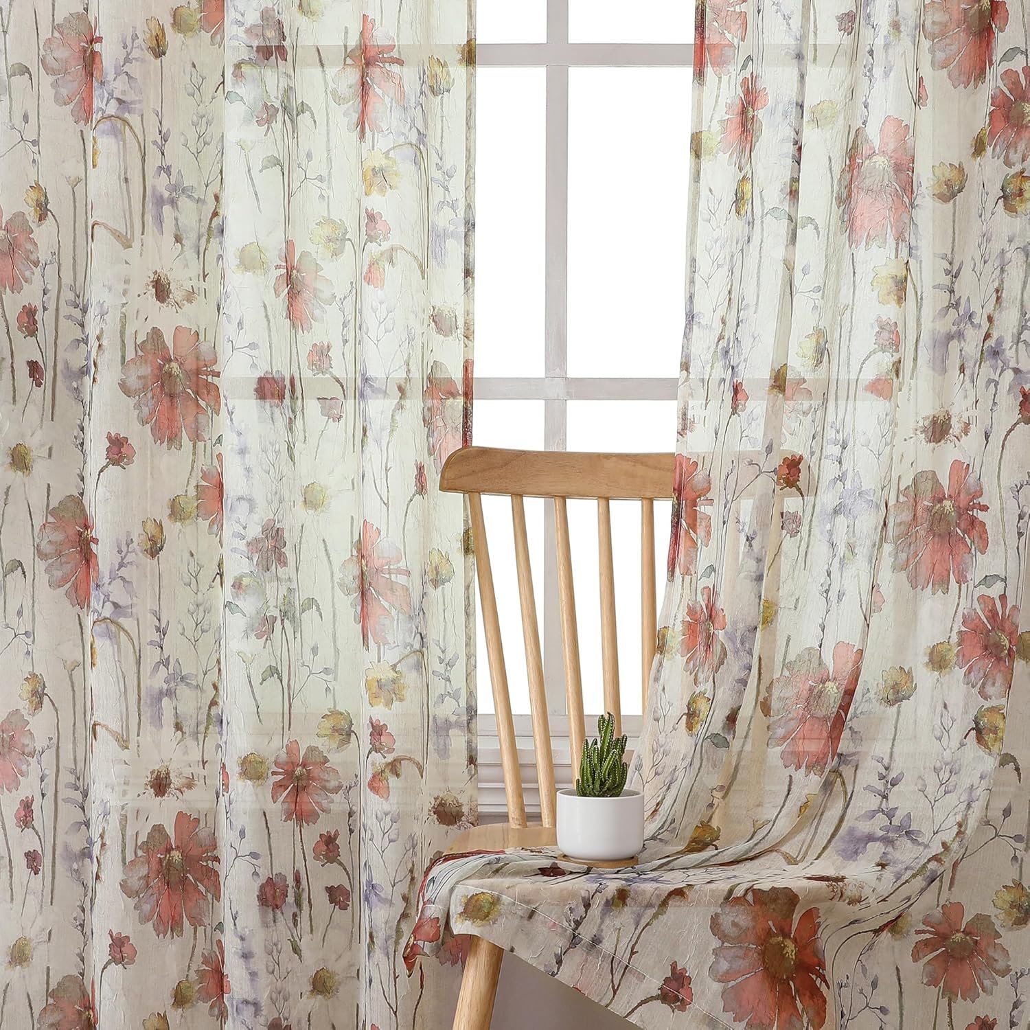OWENIE Crushed Sheer Curtains 84 Inch Length 2 Panels Set, Sheer Floral Curtains Printed Drapes on Sheers for Living Room, Rod Pocket Light Filtering Window Sheers (2 Panels, 42″ x 84″)