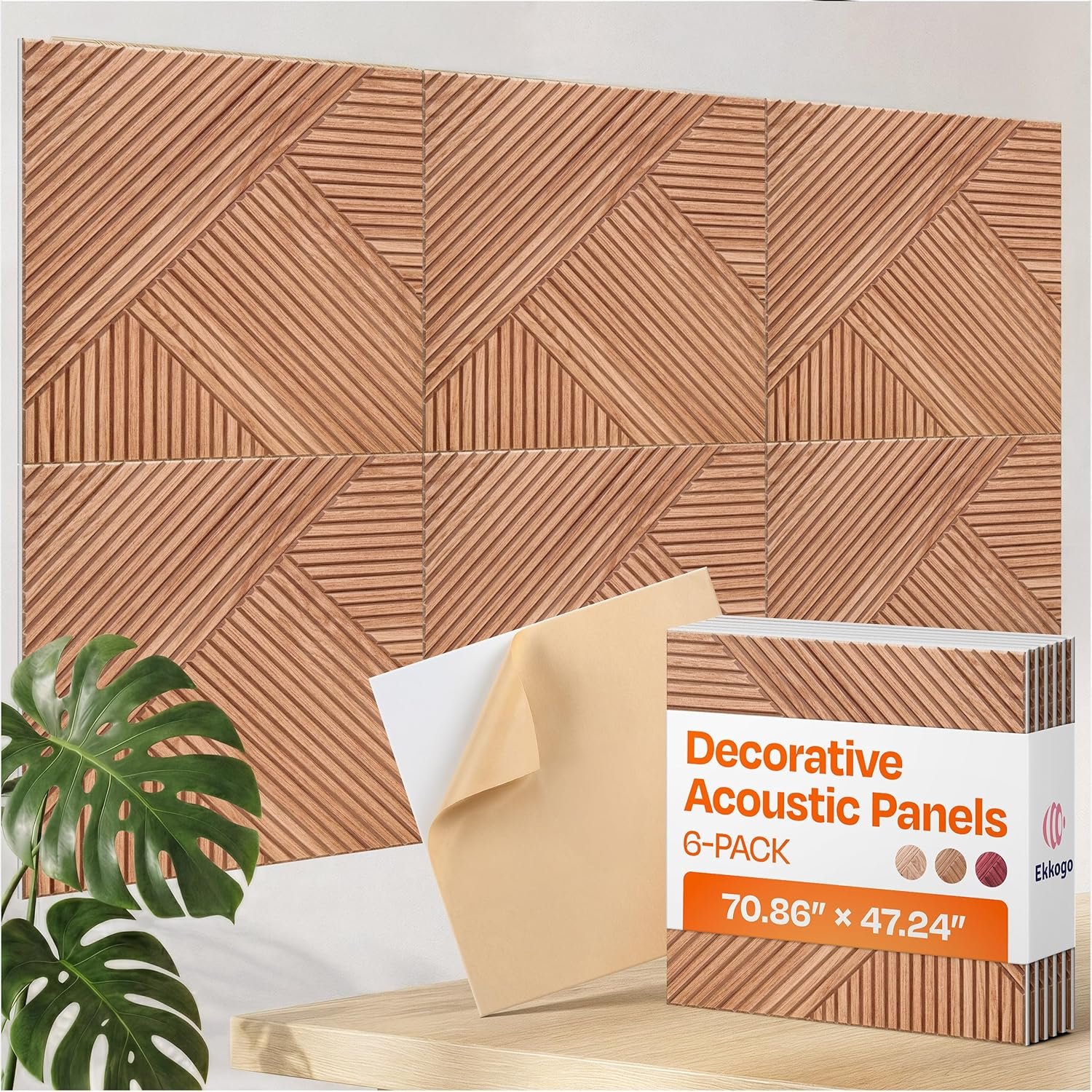 XL Acoustic Wall Panels 6-Pack Decorative Acoustic Panels High Density Sound Absorbing Wall Art 70.86X47.24 Inches with Self-adhesive for Studio Home and Office – Teak Wood Finish